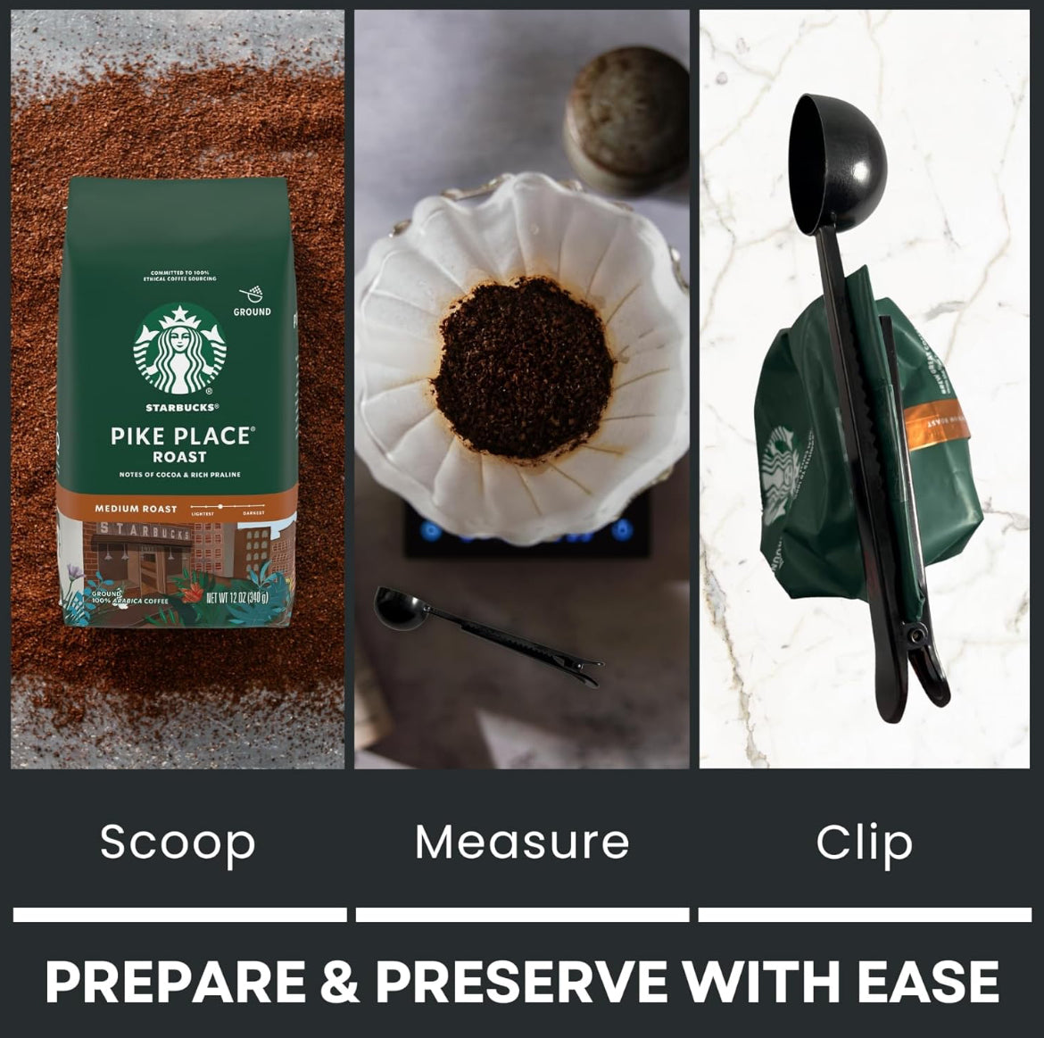 Coffee Gift Bundle Includes: (2) 12 OZ Bags Of Starbucks Pike Place Roast Ground Coffee, And (1) Premium Black Stainless Steel FoxFyr Multifunction Coffee Scoop With Clip.